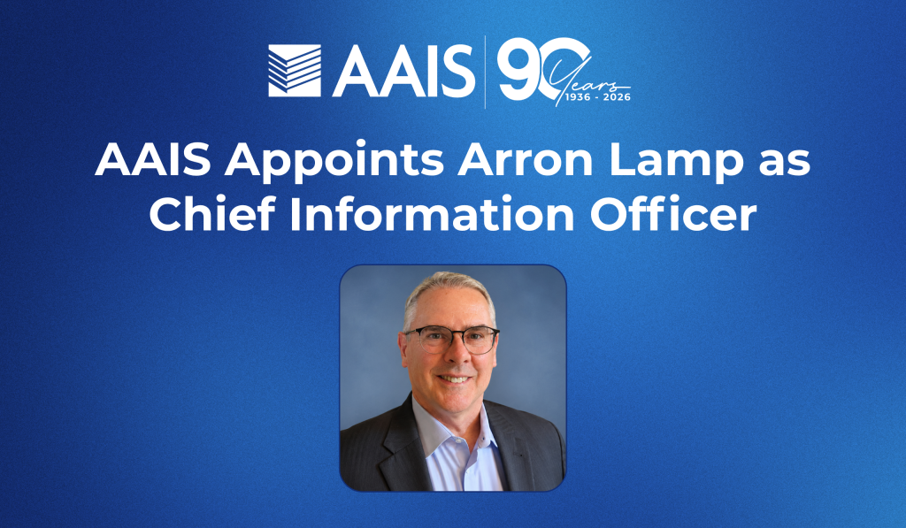 AAIS announces Arron Lamp as Chief Information Officer; portrait of Arron Lamp in a suit on a blue gradient banner