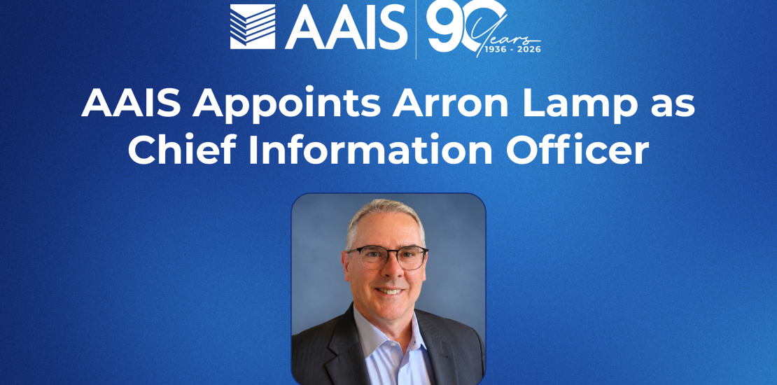 AAIS announces Arron Lamp as Chief Information Officer; portrait of Arron Lamp in a suit on a blue gradient banner