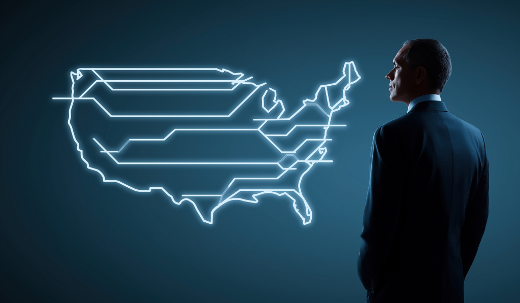 Businessman in a suit gazes at a neon-outlined map of the United States on a dark background.