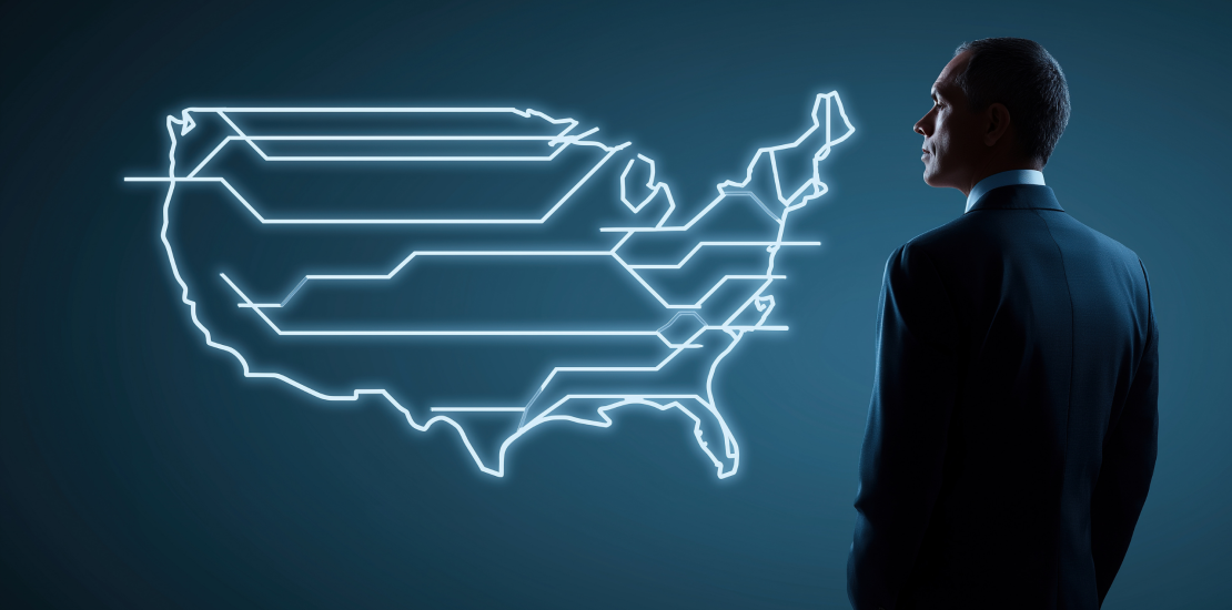Businessman in a suit gazes at a neon-outlined map of the United States on a dark background.