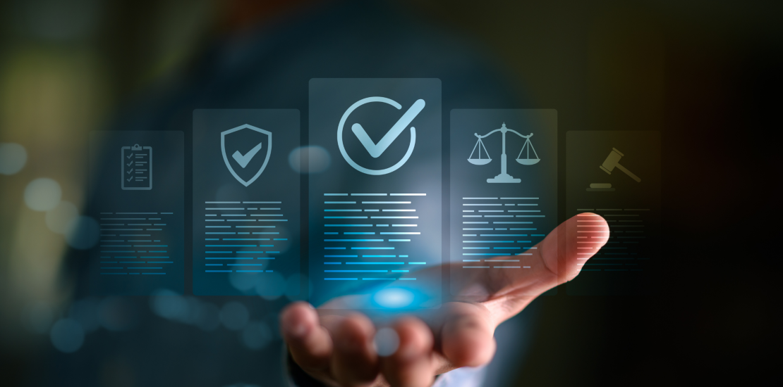 Hand holding translucent panels with compliance icons and a large checkmark, symbolizing digital governance and document security.