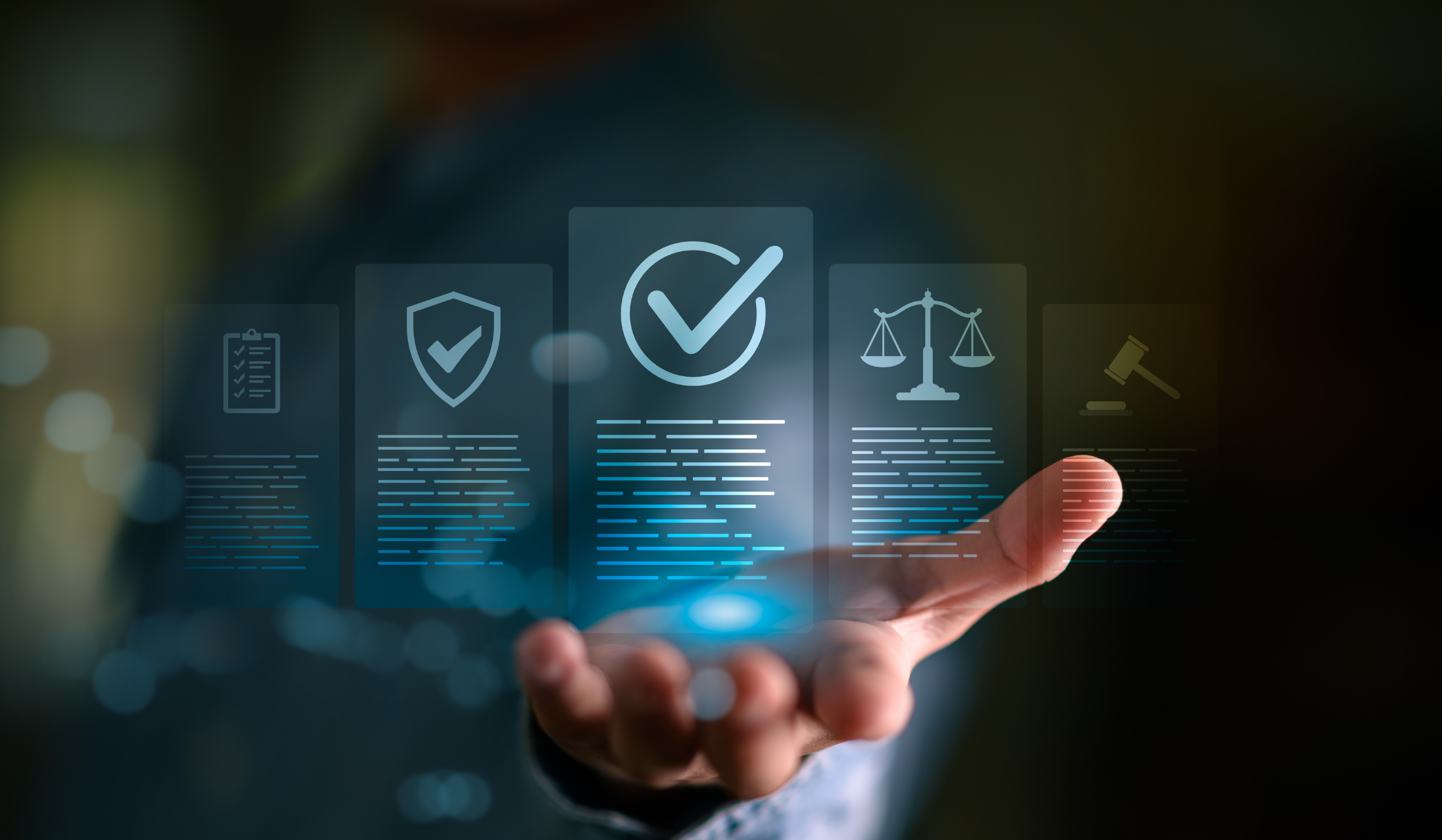 Hand holding translucent panels with compliance icons and a large checkmark, symbolizing digital governance and document security.