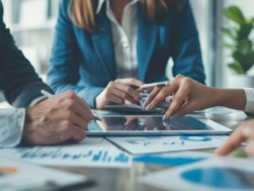 Men, woman and tablet at business meeting in office planning, goals or mission at desk with strategy. Teamwork, touchscreen or leadership for vision, collaboration and coaching in financial company